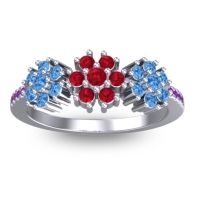Ruby Fashion Ring In 18k White Gold With Swiss Blue Topaz And Amethyst – Makaranda Statement Ring