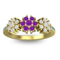 Amethyst Fashion Ring In 18k Yellow Gold With Lab Diamond And Swiss Blue Topaz – Makaranda Statement Ring