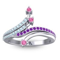 Pink Tourmaline Fashion Ring In 14k White Gold With Aquamarine And Amethyst – Vaktra Dainty Ring