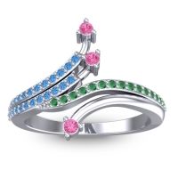 Pink Tourmaline Fashion Ring In 14k White Gold With Swiss Blue Topaz And Emerald – Vaktra Dainty Ring