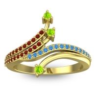 Peridot Fashion Ring In 18k Yellow Gold With Garnet And Swiss Blue Topaz – Vaktra Dainty Ring