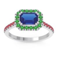 Blue Sapphire Ring In 14k White Gold With Emerald And Ruby Zari Emerald Halo Ring