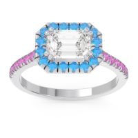 Lab Diamond Ring In 14k White Gold With Swiss Blue Topaz And Pink Tourmaline Zari Emerald Halo Ring