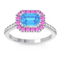 Swiss Blue Topaz Engagement Ring In Palladium With Pink Tourmaline And Diamond - Zari Emerald Halo Ring