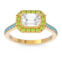 Lab Diamond Ring In 14k Yellow Gold With Peridot And Swiss Blue Topaz Zari Emerald Halo Ring