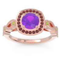 Amethyst Ring In 14K Rose Gold With Garnet And Peridot Tevena Round Antique Ring