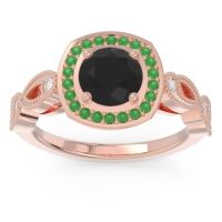 Black Onyx Engagement Ring In 18K Rose Gold With Emerald And Diamond - Tevena Round Antique Ring