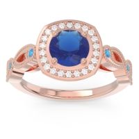 Lab Blue Sapphire Ring In 14K Rose Gold With Lab Diamond And Swiss Blue Topaz Tevena Round Antique Ring