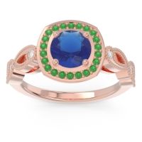 Lab Blue Sapphire Engagement Ring In 18K Rose Gold With Emerald And Diamond - Tevena Round Antique Ring