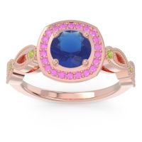 Lab Blue Sapphire Ring In 14K Rose Gold With Pink Tourmaline And Peridot Tevena Round Antique Ring