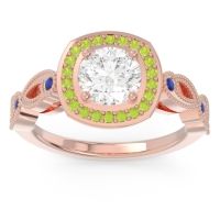 Lab Diamond Ring In 18K Rose Gold With Peridot And Blue Sapphire Tevena Round Antique Ring