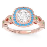 Lab Diamond Ring In 14K Rose Gold With Swiss Blue Topaz And Emerald Tevena Round Antique Ring