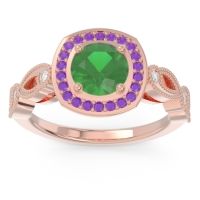 Emerald Engagement Ring In 18K Rose Gold With Amethyst And Diamond - Tevena Round Antique Ring