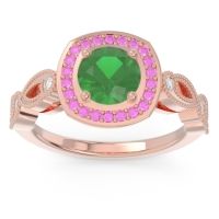 Lab Emerald Engagement Ring In 14K Rose Gold With Pink Tourmaline And Diamond - Tevena Round Antique Ring