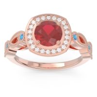 Lab Ruby Ring In 14K Rose Gold With Lab Diamond And Swiss Blue Topaz Tevena Round Antique Ring