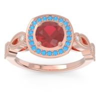 Lab Ruby Engagement Ring In 14K Rose Gold With Swiss Blue Topaz And Diamond - Tevena Round Antique Ring