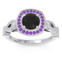 Black Onyx Engagement Ring In Palladium With Amethyst And Diamond - Tevena Round Antique Ring