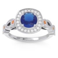 Lab Blue Sapphire Ring In 18k White Gold With Lab Diamond And Citrine Tevena Round Antique Ring