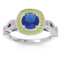 Lab Blue Sapphire Ring In 14k White Gold With Peridot And Pink Tourmaline Tevena Round Antique Ring