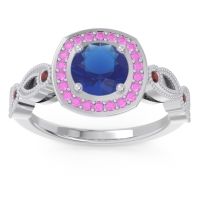 Lab Blue Sapphire Ring In 14k White Gold With Pink Tourmaline And Garnet Tevena Round Antique Ring