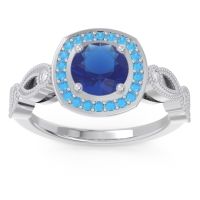 Lab Blue Sapphire Engagement Ring In Palladium With Swiss Blue Topaz And Diamond - Tevena Round Antique Ring