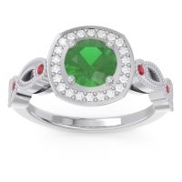 Lab Emerald Ring In 14k White Gold With Diamond And Ruby Tevena Round Antique Ring