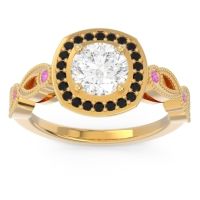 Lab Diamond Ring In 14k Yellow Gold With Black Onyx And Pink Tourmaline Tevena Round Antique Ring