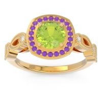 Peridot Engagement Ring In 18k Yellow Gold With Amethyst And Diamond - Tevena Round Antique Ring