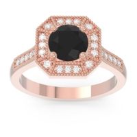 Black Onyx Engagement Ring In 14K Rose Gold With Lab Diamond And Diamond - Puraya Round Antique Ring