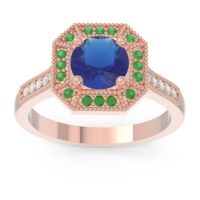 Lab Blue Sapphire Engagement Ring In 18K Rose Gold With Emerald And Diamond - Puraya Round Antique Ring