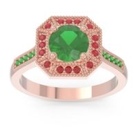 Lab Emerald Ring In 14K Rose Gold With Ruby And Emerald Puraya Round Antique Ring