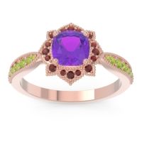 Amethyst Ring In 14K Rose Gold With Garnet And Peridot Roha Cushion Antique Ring