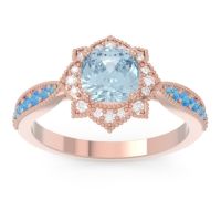 Aquamarine Ring In 14K Rose Gold With Lab Diamond And Swiss Blue Topaz Roha Cushion Antique Ring