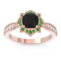 Black Onyx Engagement Ring In 18K Rose Gold With Emerald And Diamond - Roha Cushion Antique Ring