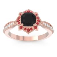 Black Onyx Engagement Ring In 18K Rose Gold With Ruby And Diamond - Roha Cushion Antique Ring