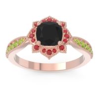 Black Onyx Ring In 18K Rose Gold With Ruby And Peridot Roha Cushion Antique Ring