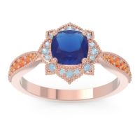 Lab Blue Sapphire Ring In 18K Rose Gold With Aquamarine And Citrine Roha Cushion Antique Ring