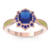 Lab Blue Sapphire Ring In 14K Rose Gold With Blue Sapphire And Peridot Roha Cushion Antique Ring