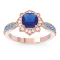 Lab Blue Sapphire Ring In 14K Rose Gold With Lab Diamond And Swiss Blue Topaz Roha Cushion Antique Ring