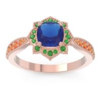 Lab Blue Sapphire Ring In 18K Rose Gold With Emerald And Citrine Roha Cushion Antique Ring