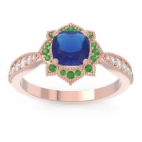 Lab Blue Sapphire Engagement Ring In 18K Rose Gold With Emerald And Diamond - Roha Cushion Antique Ring