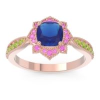 Lab Blue Sapphire Ring In 14K Rose Gold With Pink Tourmaline And Peridot Roha Cushion Antique Ring