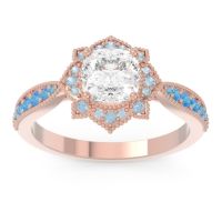Diamond Ring In 14K Rose Gold With Aquamarine And Swiss Blue Topaz Roha Cushion Antique Ring