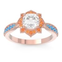 Diamond Ring In 14K Rose Gold With Citrine And Swiss Blue Topaz Roha Cushion Antique Ring