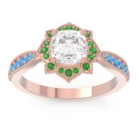 Diamond Ring In 14K Rose Gold With Emerald And Swiss Blue Topaz Roha Cushion Antique Ring