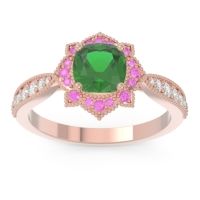 Lab Emerald Engagement Ring In 14K Rose Gold With Pink Tourmaline And Diamond - Roha Cushion Antique Ring