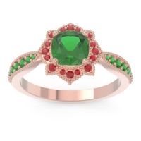 Lab Emerald Ring In 14K Rose Gold With Ruby And Emerald Roha Cushion Antique Ring
