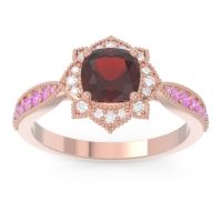 Garnet Ring In 14K Rose Gold With Diamond And Pink Tourmaline Roha Cushion Antique Ring