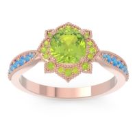 Peridot Ring In 14K Rose Gold With Swiss Blue Topaz Roha Cushion Antique Ring