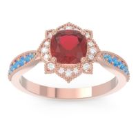 Lab Ruby Ring In 14K Rose Gold With Lab Diamond And Swiss Blue Topaz Roha Cushion Antique Ring